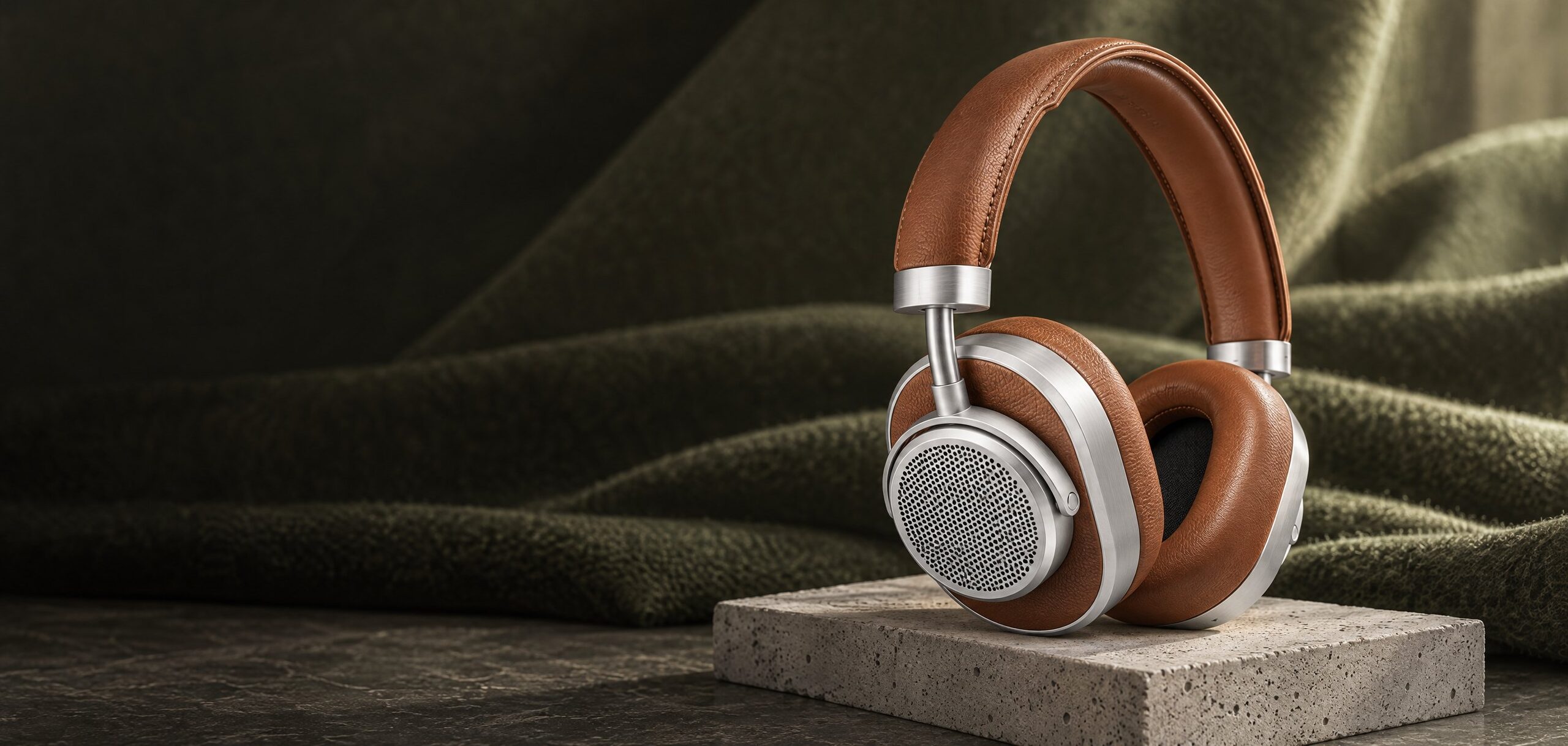 Over-ear høretelefoner i cognac læder og aluminium på en betonblok Over-ear høretelefoner i cognac læder og aluminium på en betonblok